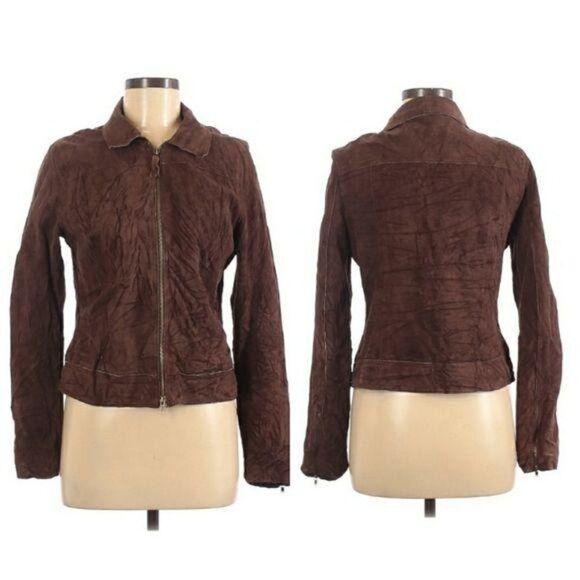 Isaac Mizrahi Leather Suede Jacket Moto Distressed Crinkle Textured Brown Sz M - Picture 2 of 14